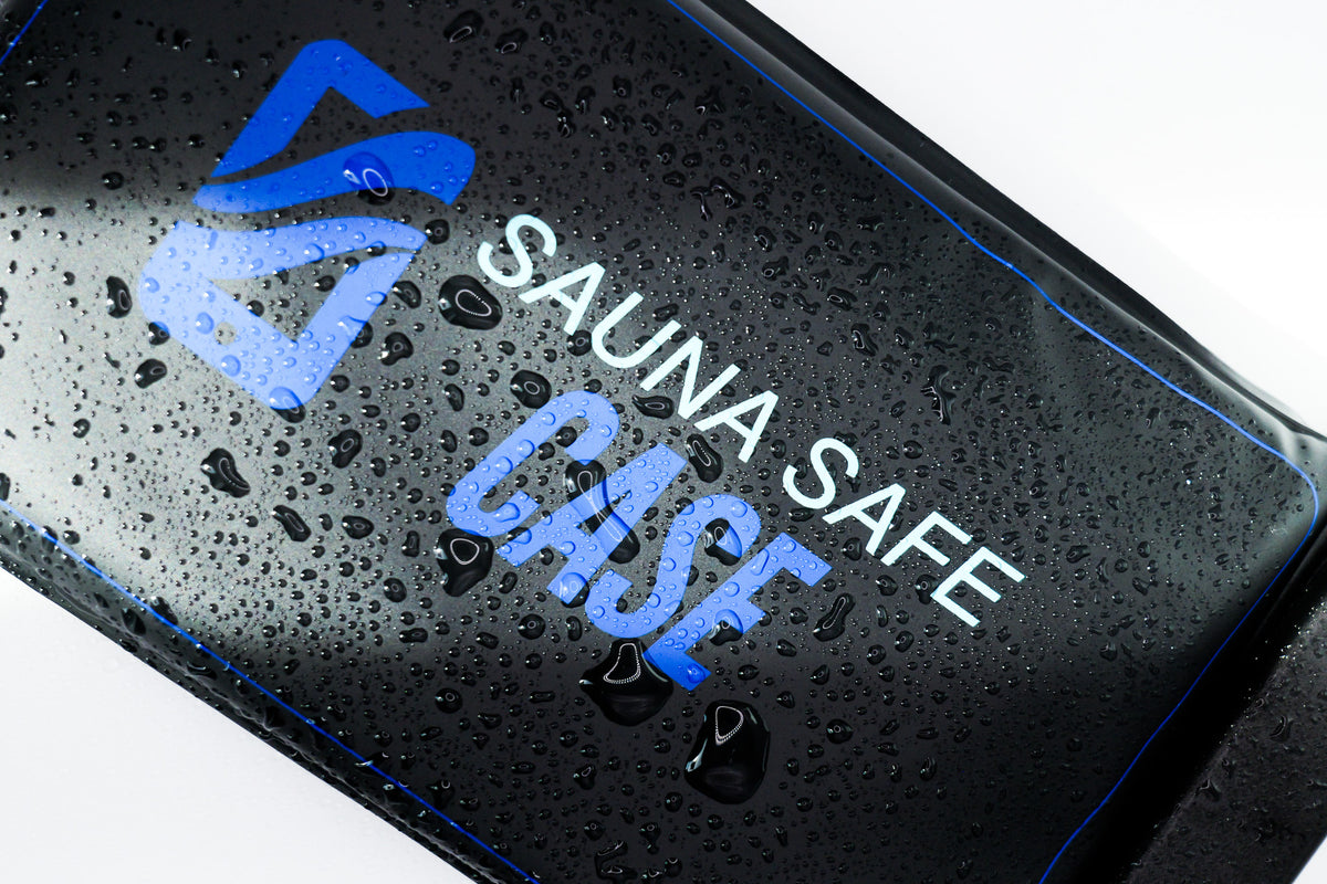 Close-up of the Sauna Safe Case logo with water droplets