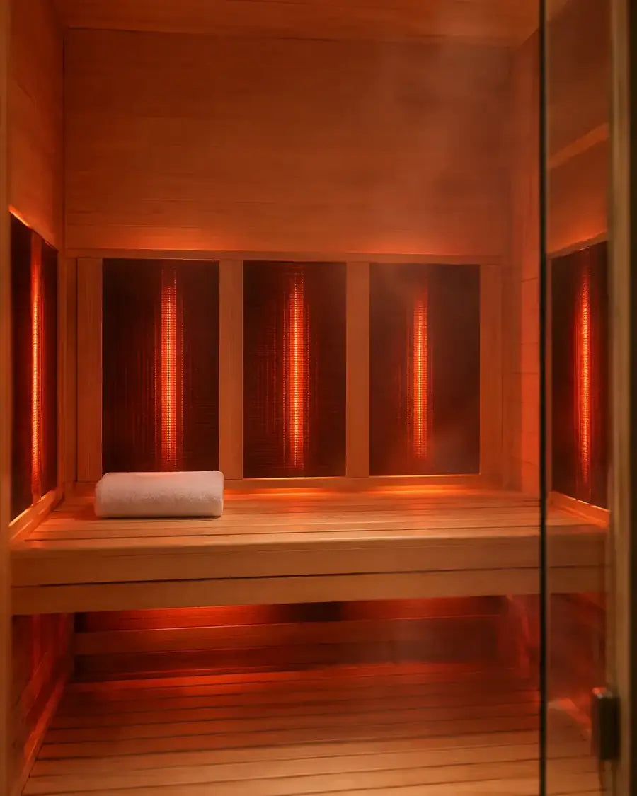 Infrared sauna cabin with glowing heat panels