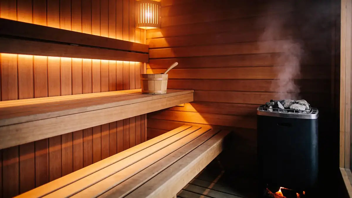 Traditional cedar sauna with a stove